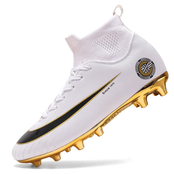 White Golden Men Football Boots High Ankle Soccer Shoe Women Soft Groud